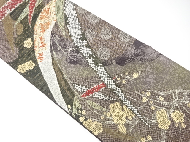 JAPANESE FUKURO OBI / UNUSED / WOVEN UME & KANOKO PATTERN